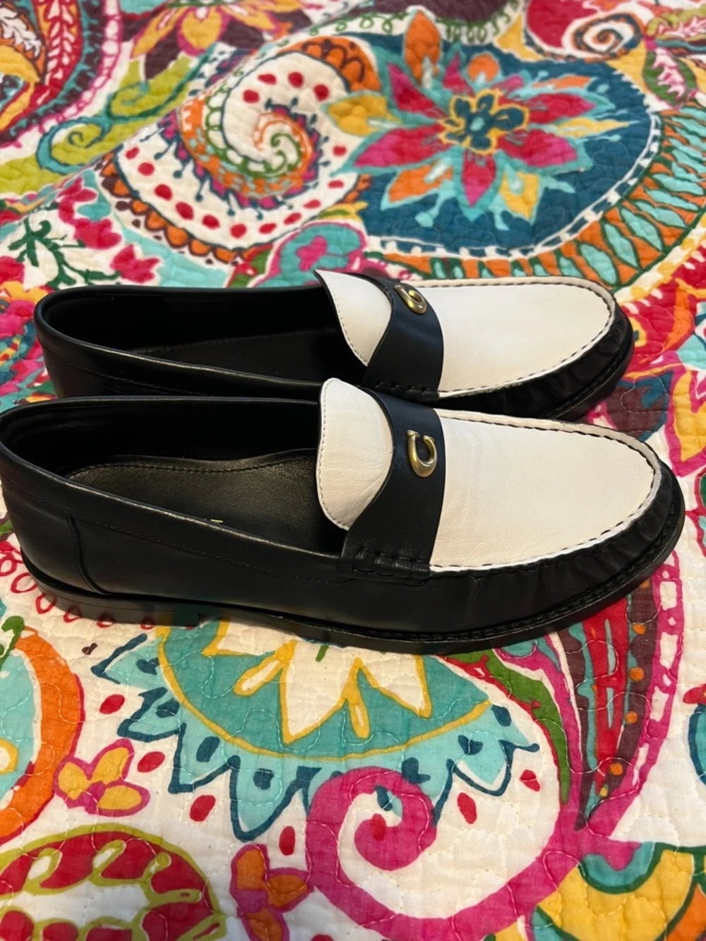 Coach Women's Two-Tone Black & White Leather Loafers - Picture 6 of 7